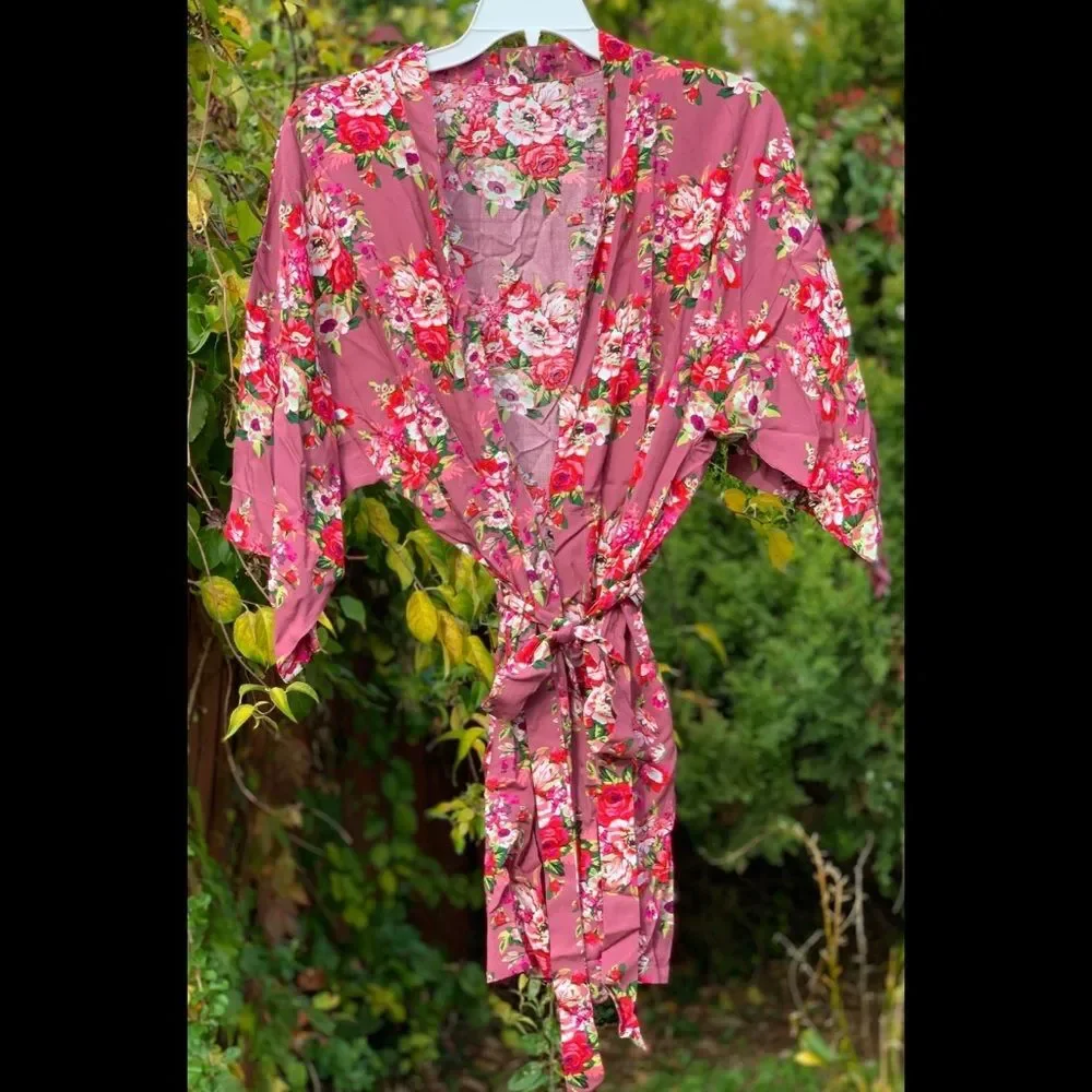 Dusty Rose Floral Bridesmaid Robe Cotton Wedding Getting Ready Robe One Size NEW